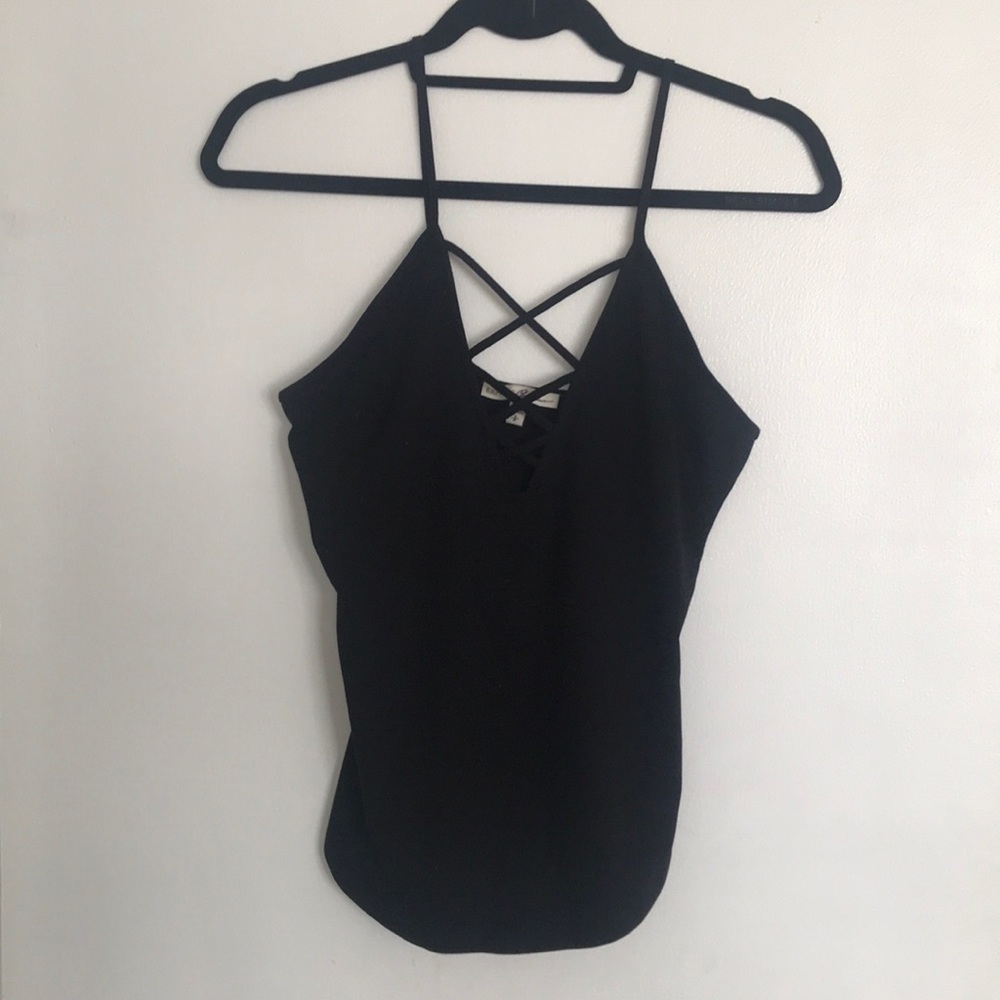 Lace up front black tank top